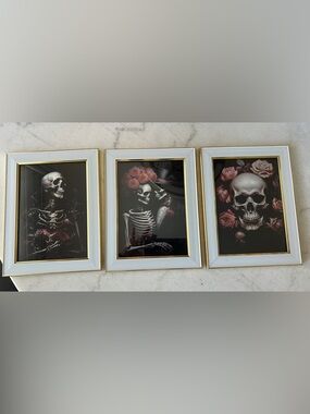 Set of 3 Gothic Skeleton Art Prints with Pink Roses
